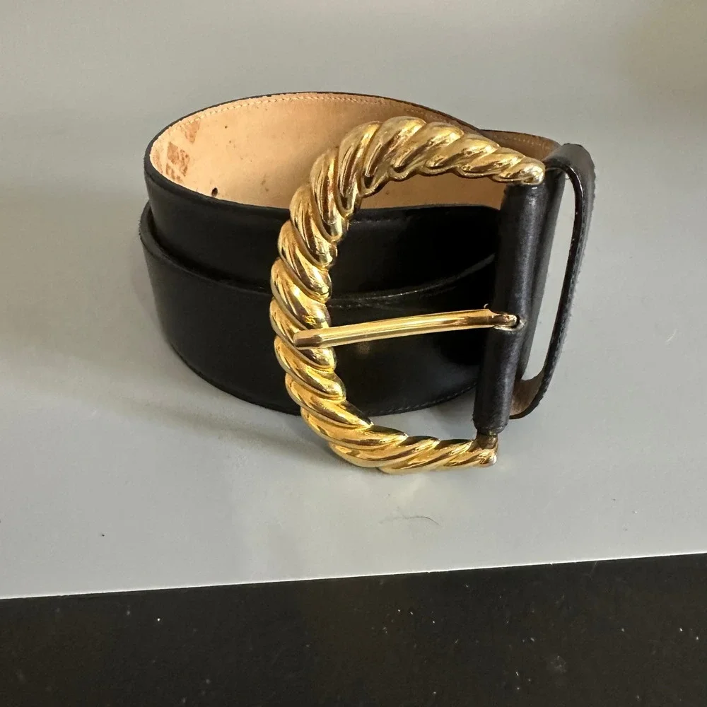 Lord & Taylor Vintage Black Leather Wide Waist Belt Gold Twisted Buckle Medium